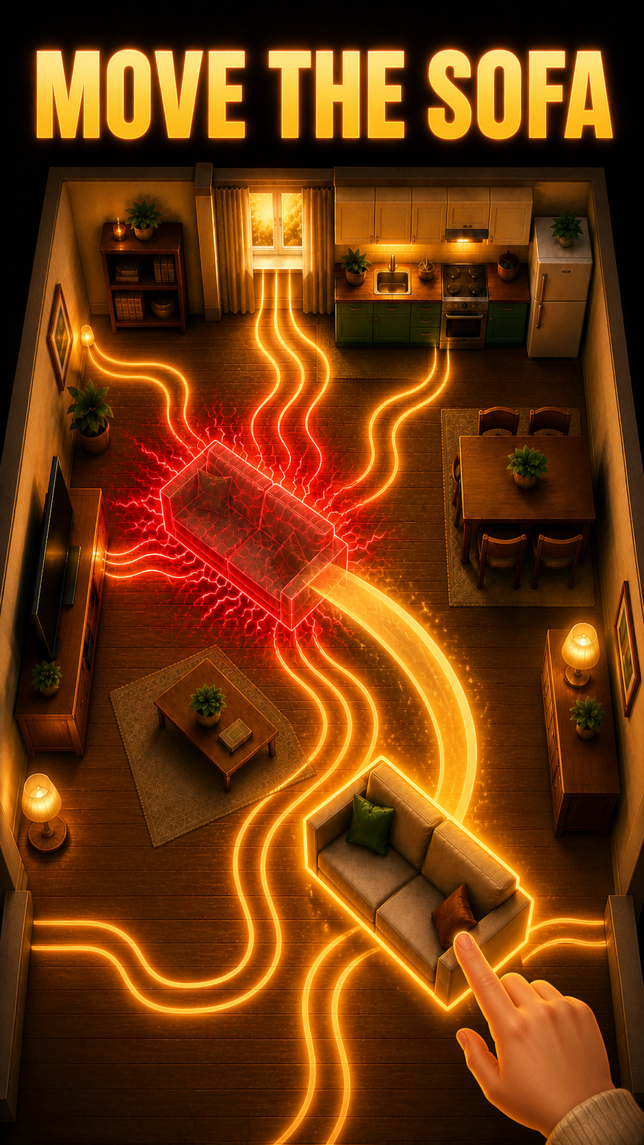 Player moving furniture around the room