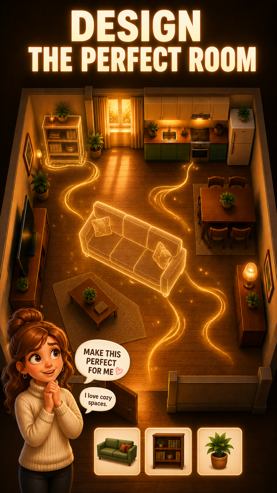 Feng shui room optimization mobile game ad concept